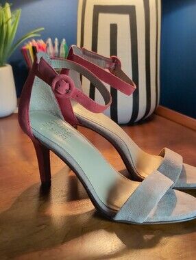 Naturalizer Two-Tone Suede Open-Toe Heels in Coral and Taupe
